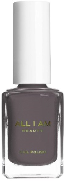 A gray nail polish bottle with a white cap, labeled 'ALL I AM BEAUTY' and 'NAIL POLISH' underneath.