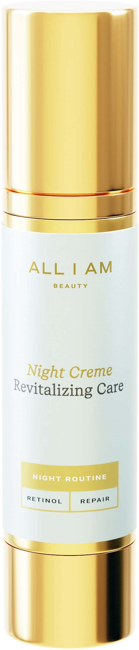 Eine weiße und goldene Flasche mit Nachtcreme, Text 'All I Am Beauty' und 'Night Creme Revitalizing Care.'