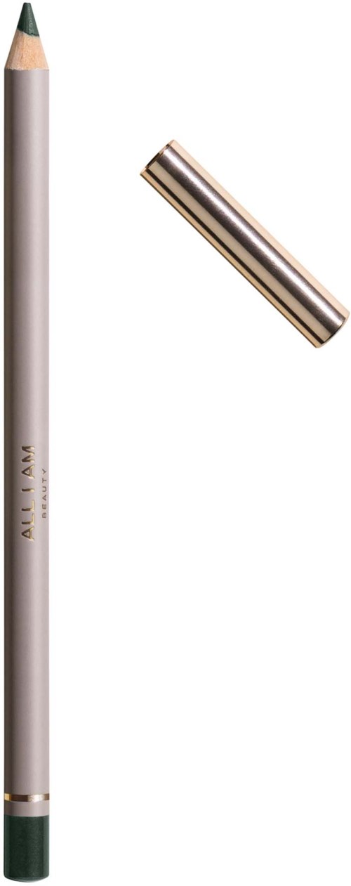 A green and silver pencil with a cap removed, showing the sharp tip, against a white background.