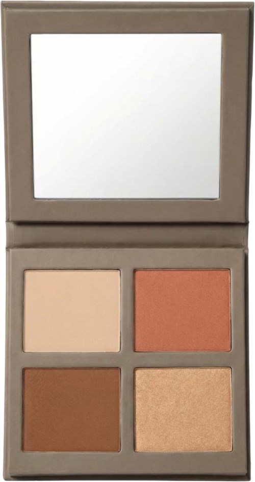 A compact makeup palette with four shades: light, red, brown, and gold, with a mirror on top.