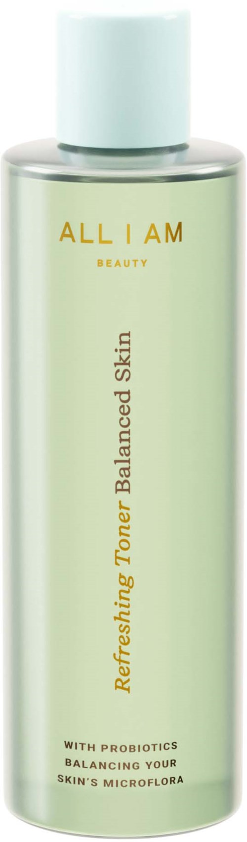 Een lange, lichtgroene fles met een witte dop, gemerkt "ALL I AM" en voordelen voor een gebalanceerde huid.