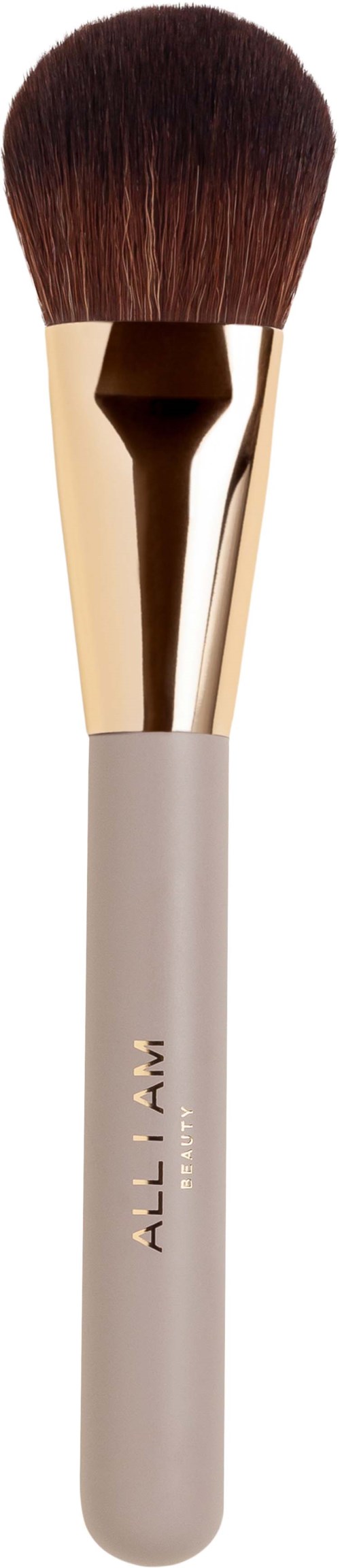 Make-up kwast met een witte handvat, goudkleurige bevestiging en bruine haren. Het handvat heeft de woorden "ALL-AMI".