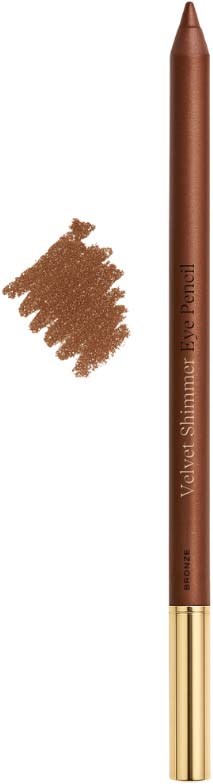Ein brauner Augenstift mit einem kleinen Farbtest daneben, goldene Kappe und Markenname auf dem Stift.