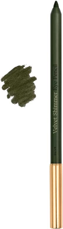 Ein grüner Lidschattenstift mit goldener Kappe, beschriftet 'Velvet Shimmer Eye Pencil.'