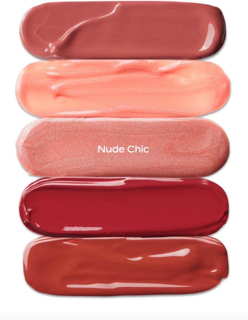 Five different shades of lipstick arranged vertically, from dark red to light pink.