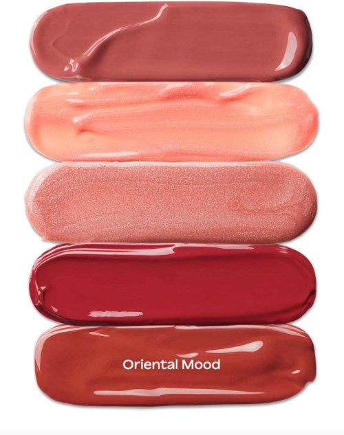 Six different shades of lipstick arranged vertically, labeled as 'Oriental Mood', ranging from pink to deep red.