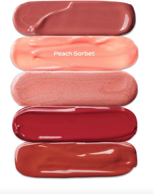 Five different lip glosses in shades of pink and red are arranged vertically, with a label saying 'Peach Sorbet' on the second.
