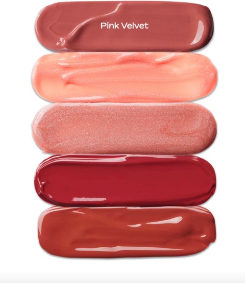 Five lipstick swatches in various shades of pink and red, labeled 'Pink Velvet' on the top.