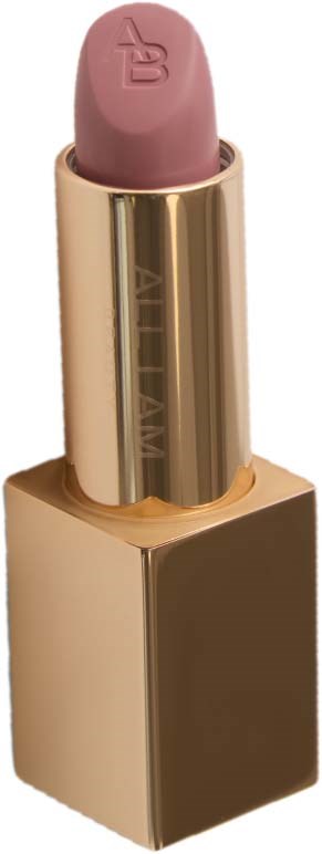 A pink lipstick in a gold case stands upright, partly twisted up, with a smooth, rounded tip.