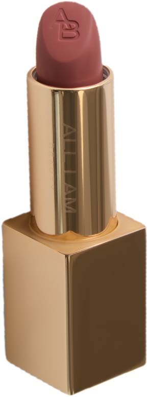 A pink lipstick with a gold and beige case. The lipstick is slightly twisted up and has a logo on top.
