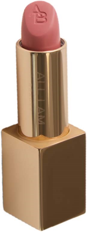 A pink lipstick in a gold case stands upright on a white background.