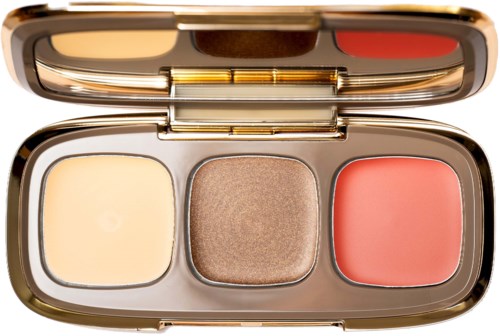 Ein Kompakt mit drei Make-up-Farben: hell, braun und rosa. Es hat einen Spiegel auf der Oberseite.