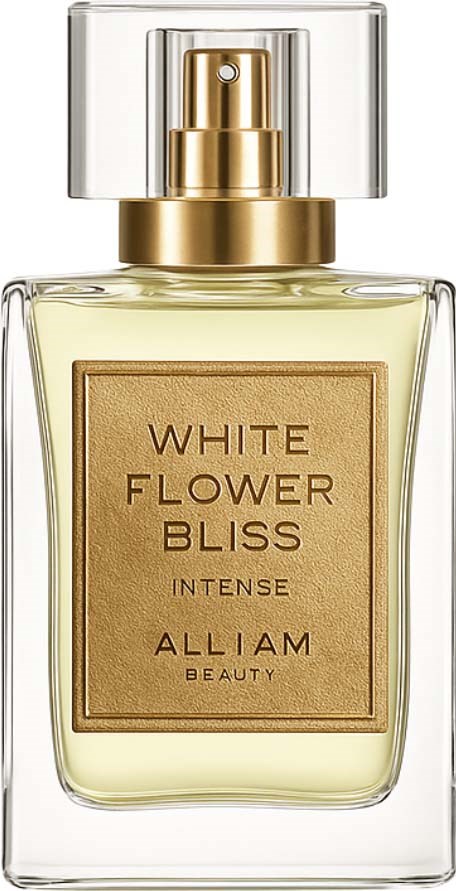 Hajuvesipullo nimeltä 'White Flower Bliss Intense Alliam Beauty' kullalla varustettu ja läpinäkyvässä lasipullossa.