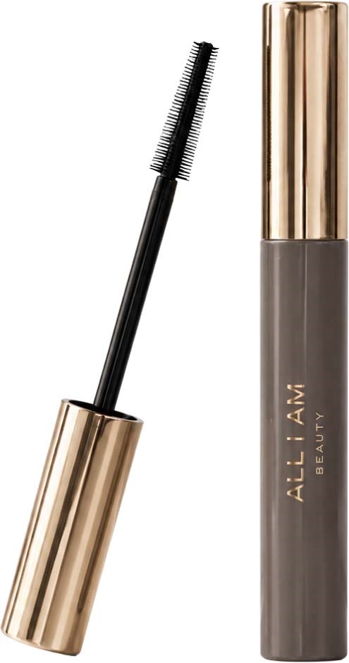 En mascara med guldlock och svart borste, logotypen lyder "ALL I AM BEAUTY".
