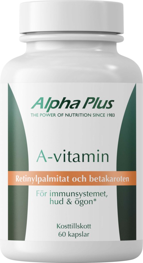 En hvit flaske merket Alpha Plus A-vitamin med oransje og grønne deler, inneholder 60 kapsler for immunhelse.