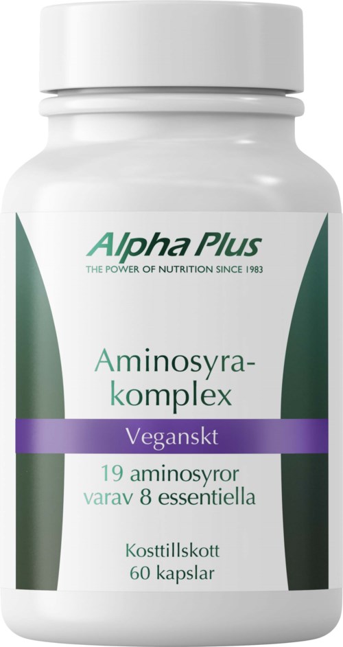 A white bottle labeled Alpha Plus amino complex with 60 capsules, highlighting vegan and eight essential amino acids.
