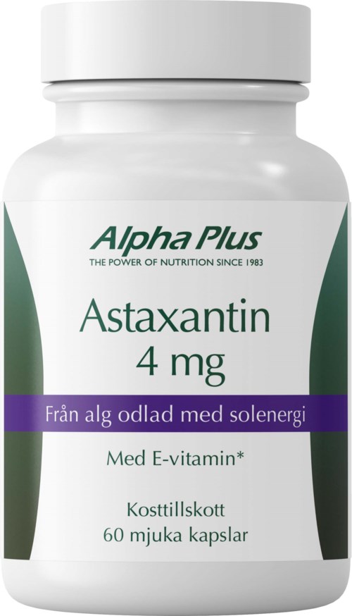 A white bottle labeled 'Astaxantin 4 mg' from Alpha Plus, with purple and green accents, containing 60 soft capsules.