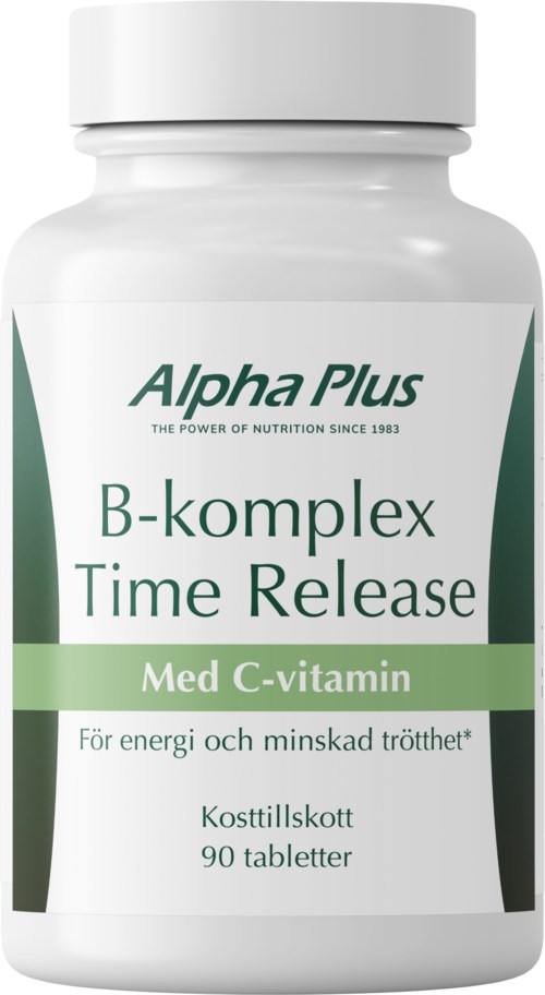 Flaske med Alpha Plus B-kompleks Time Release kosttilskudd med etikett som viser C-vitamin og 90 tabletter.