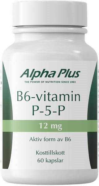 En vit plastflaska med etikett som säger Alpha Plus B6-vitamin P-5-P, 12 mg, 60 kapslar, med gröna och svarta text.