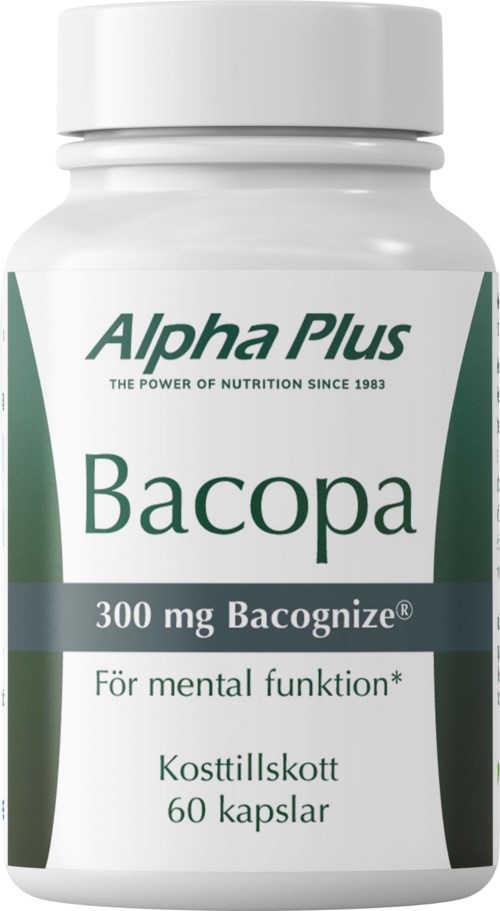 En vit flaska med Bacopa, innehåller 60 kapslar på 300 mg för mental hälsa.