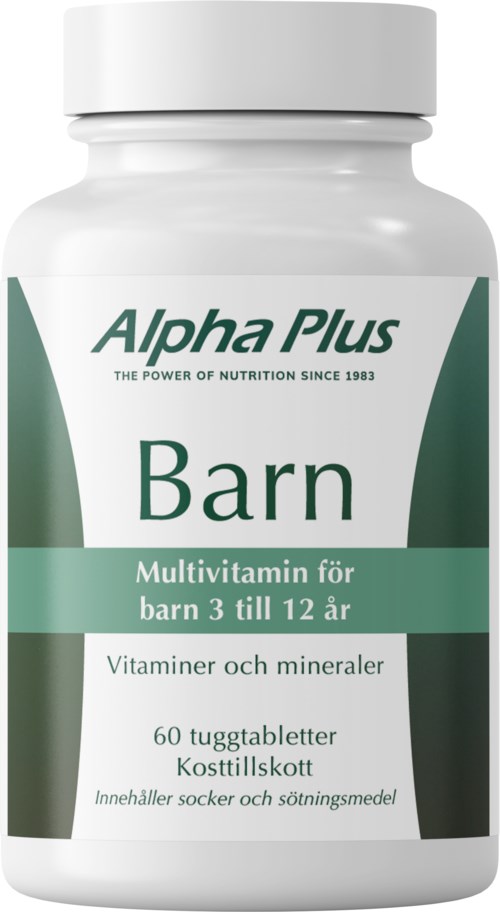 Flaske med multivitaminer for barn 3 til 12 år, inneholder 60 tyggbare tabletter med vitaminer, mineraler, sukker og søtningsmidler.
