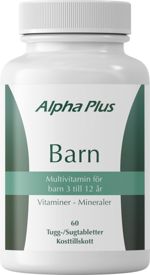 En hvit flaske merket "Barn" med grønne detaljer. Den inneholder multivitaminer for barn 3 til 12 år.