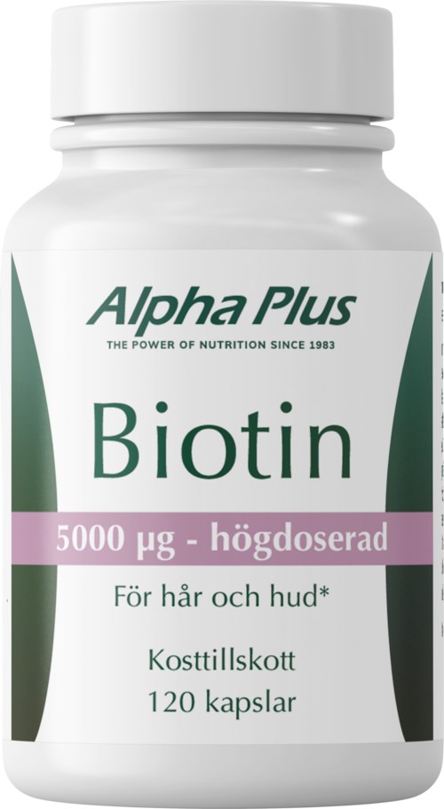 White bottle labeled Biotin with green and purple text, containing 120 capsules for hair and skin health.