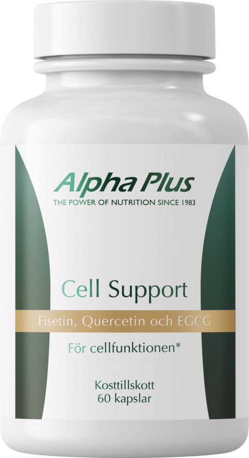 Flaska märkt Alpha Plus Cell Support, innehåller 60 kapslar, stöder cellfunktion, gjord med Fosetin, Quercetin och EGCG.