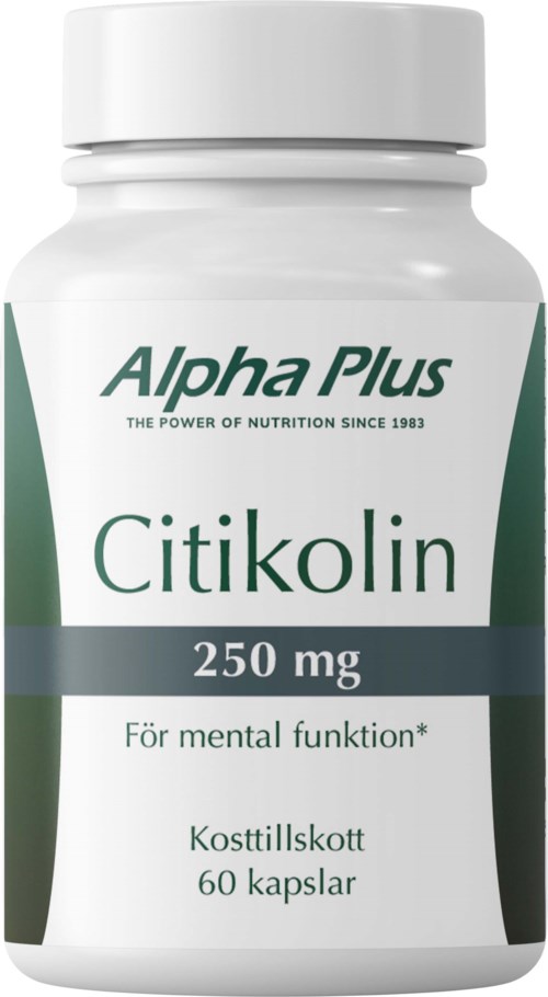 En hvit flaske merket Alpha Plus Citikolin med 250 mg, for mental funksjon, inneholder 60 kapsler.