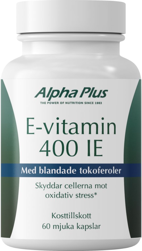 A white bottle with green and blue label for Alpha Plus E-vitamin 400 IE, containing 60 soft capsules, promotes health and protects cells.