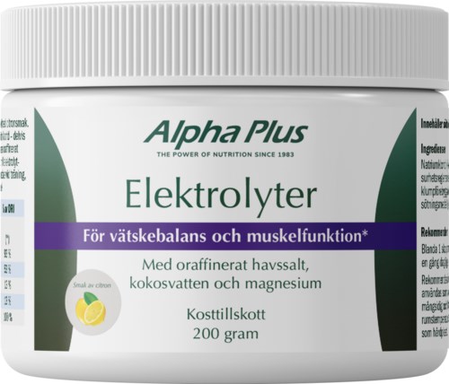En burk med Alpha Plus elektrolytttillskott med citron smak för vätskebalans och muskelfunktion, 200 gram.
