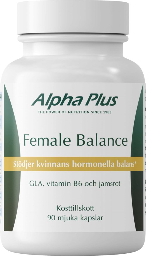 A white bottle of Alpha Plus Female Balance capsules with green and yellow labels, containing health supplements for women.