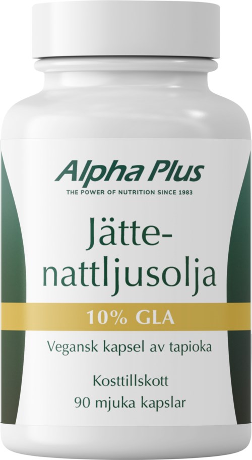 A white bottle labeled 'Alpha Plus Jättnattljusolja' with green and yellow accents, containing 90 soft capsules of vegan coconut oil.