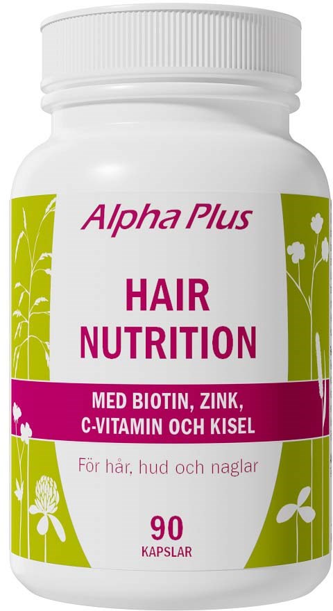 En hvit flaske merket 'Alpha Plus Hair Nutrition' med grønt og lilla design, inneholder 90 kapsler for hårhelse.