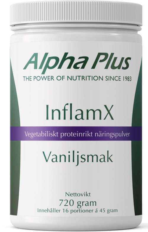 En hvit flaske merket Alpha Plus InlamX, vaniljesmak, vekt 720 gram, med 16 porsjoner vegansk proteintilskudd.