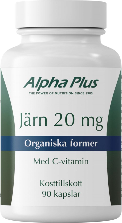 A bottle of dietary supplement named Alpha Plus with iron and vitamin C, contains 90 capsules.