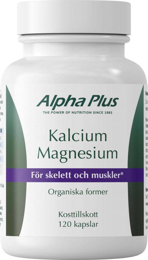 A white bottle of calcium magnesium supplements for bones and muscles from Alpha Plus, containing 120 capsules.