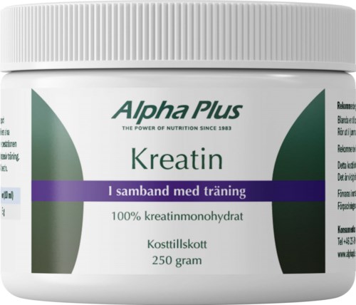 Alpha Plus Kreatin-kräm med lila etikett säger att den är för träning och innehåller 250 gram rent kreatin.