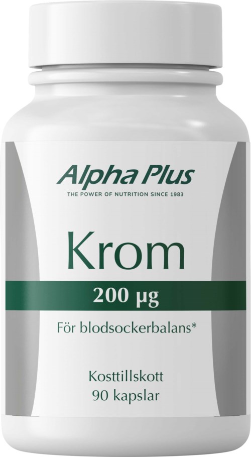 En hvit flaske merket Alpha Plus Krom med 200 mikrogram, for blod-sukkersbalanse, inneholder 90 kapsler.