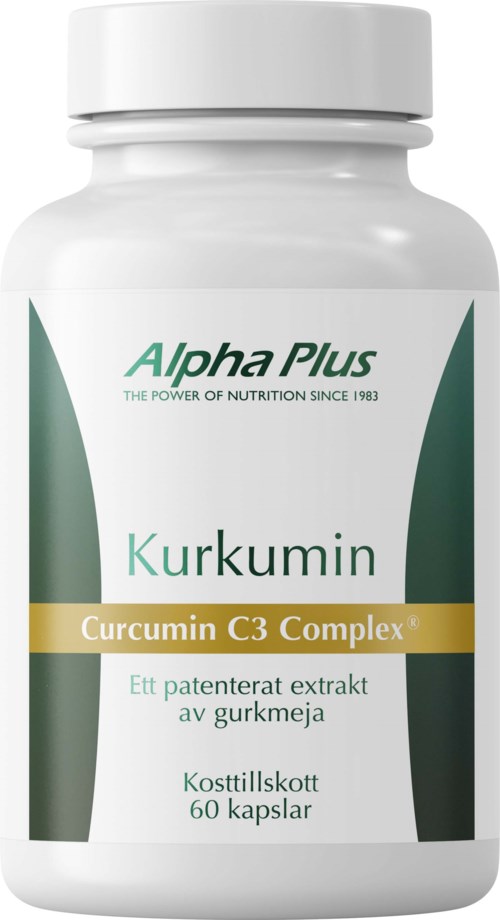 A white bottle labeled Alpha Plus Kurkumin with green and gold accents, mentioning curcumin extract and 60 capsules.