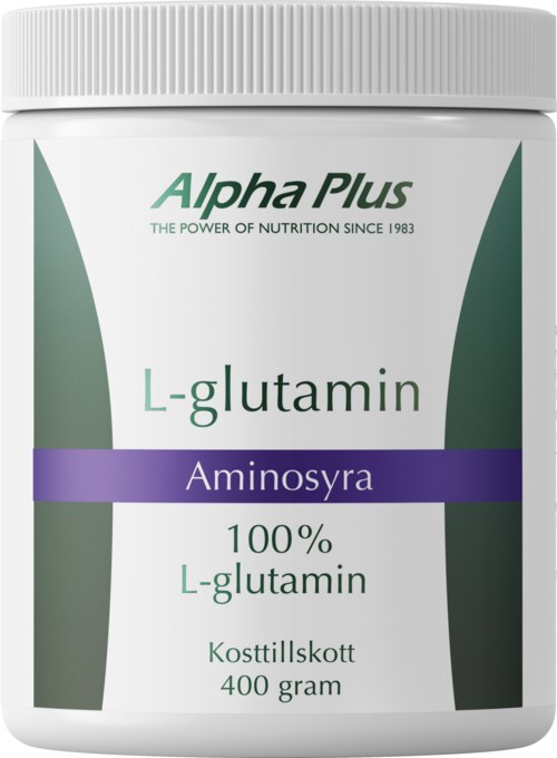 En hvit beholder av Alpha Plus L-glutamin supplement, merket som aminosyre, 400 gram, med grønne og lilla detaljer.