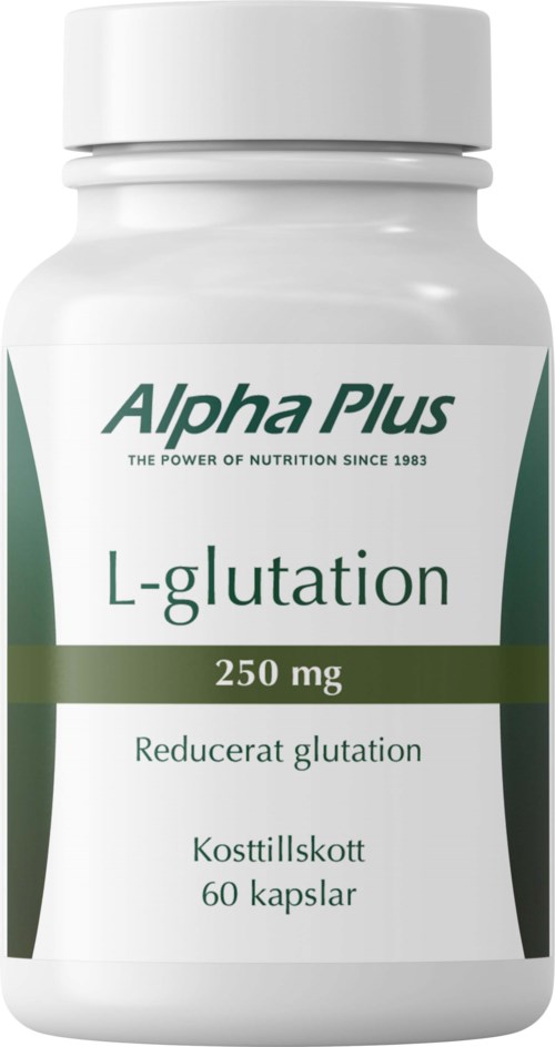 En vit flaska märkt Alpha Plus med grön text, nämner L-glutation och 250 mg dosering för 60 kapslar.