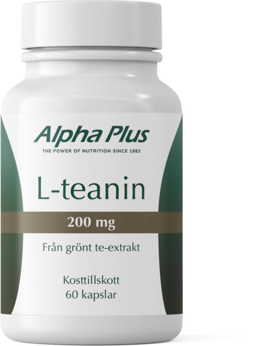 En vit flaska märkt Alpha Plus L-teanin, 200 mg, från grönt te-extrakt, innehåller 60 kapslar.