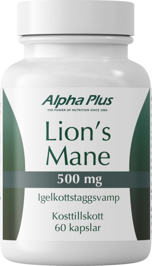 En hvit kosttilskapsflaske merket Lion's Mane med 500 mg, inneholder 60 kapsler, på norsk.