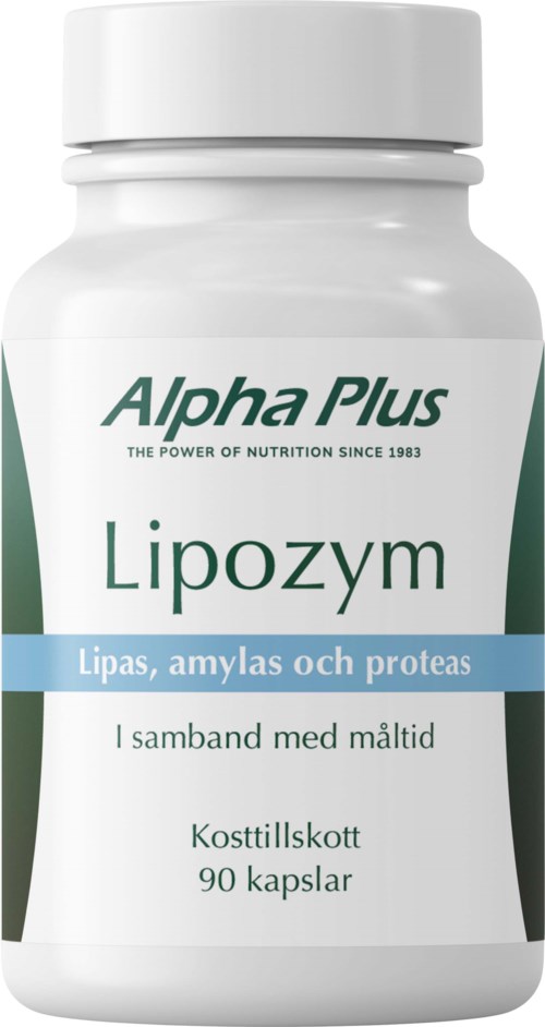 Flaske med kosttilskudd kalt Lipozym, inneholder 90 kapsler, for lipider, amylaser og proteaser, med måltid.