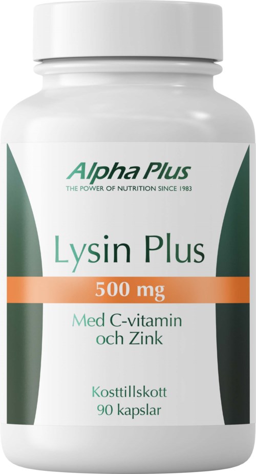 Vitaminpiller med grönt och vitt etikett, nämner Lysine, C-vitamin och Zink, innehåller 90 kapslar.