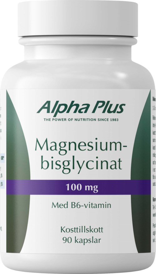 A white bottle labeled 'Magnesium-bisglycinate 100 mg' by Alpha Plus, with green, purple, and black text, and a white cap.
