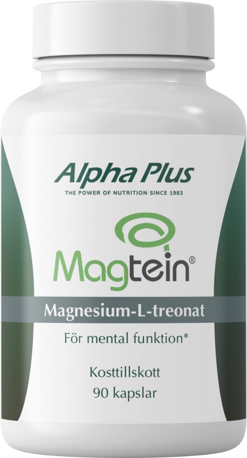 En vit flaska märkt Alpha Plus Magtein med grön och grå text, innehållande 90 kapslar för mentalt stöd.