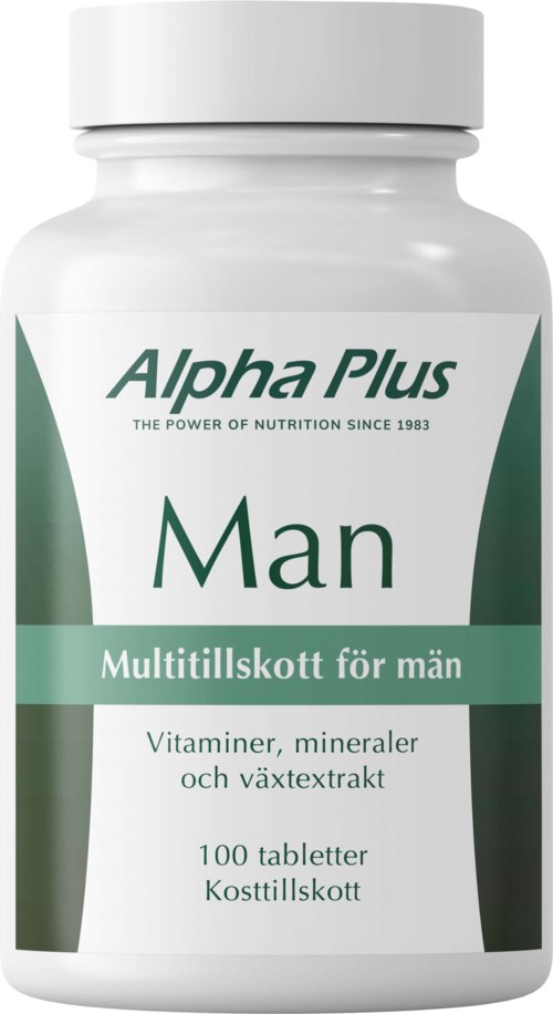 En hvit flaske merket Alpha Plus Man med grønn og hvit tekst, inneholder vitaminer, mineraler og planteekstrakt tabletter.