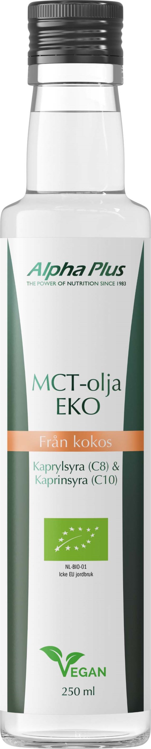 En flaska ekologisk kokosolja, märkt som vegansk och ekologiskt, innehåller 250 ml.